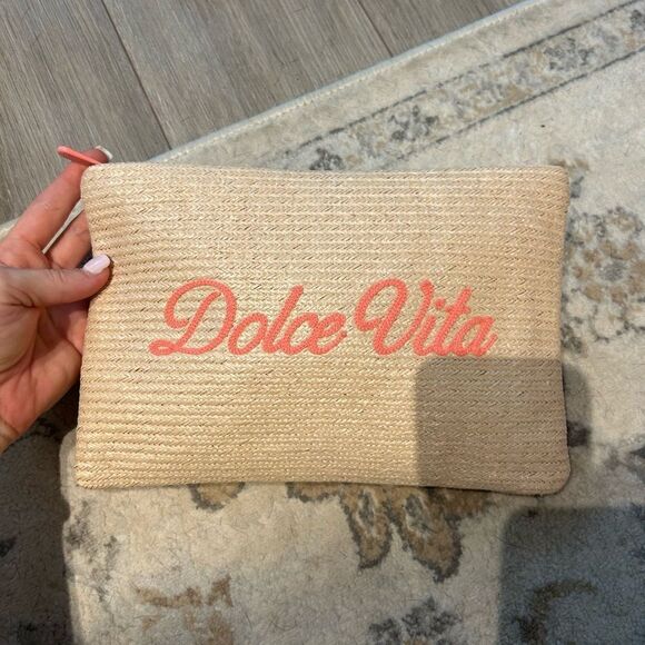 Christian Dior Pouch Dolce Vita Straw Weave Beige Pink Embroidery Novelty New - Picture 2 of 4